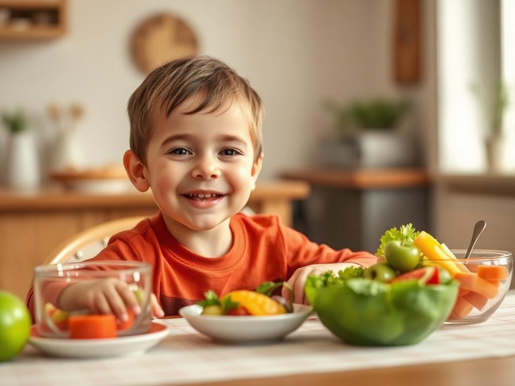 Criança sorrindo à mesa com refeição colorida