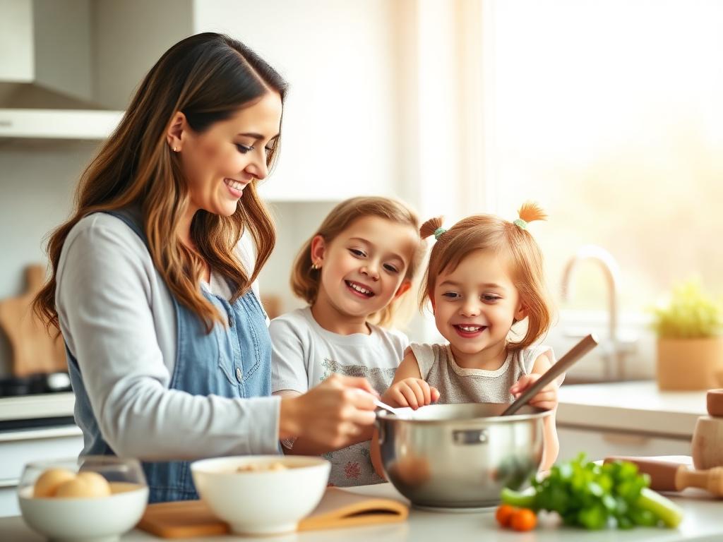 Mãe e filho cozinhando juntos na cozinha